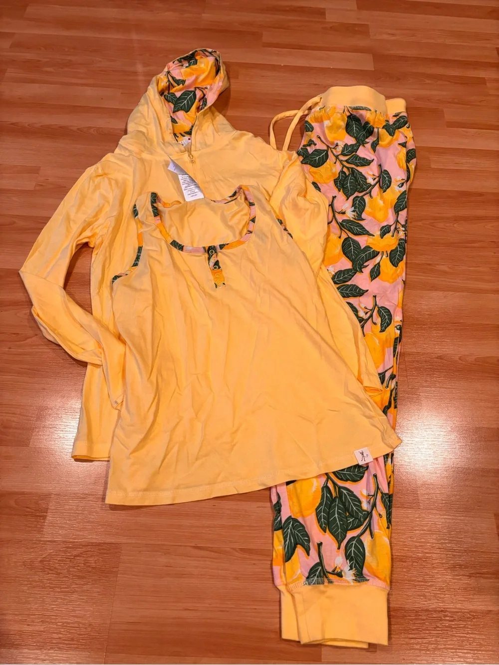 munki munki Yellow Lemon-Print Hooded Pajama 3 Piece Set